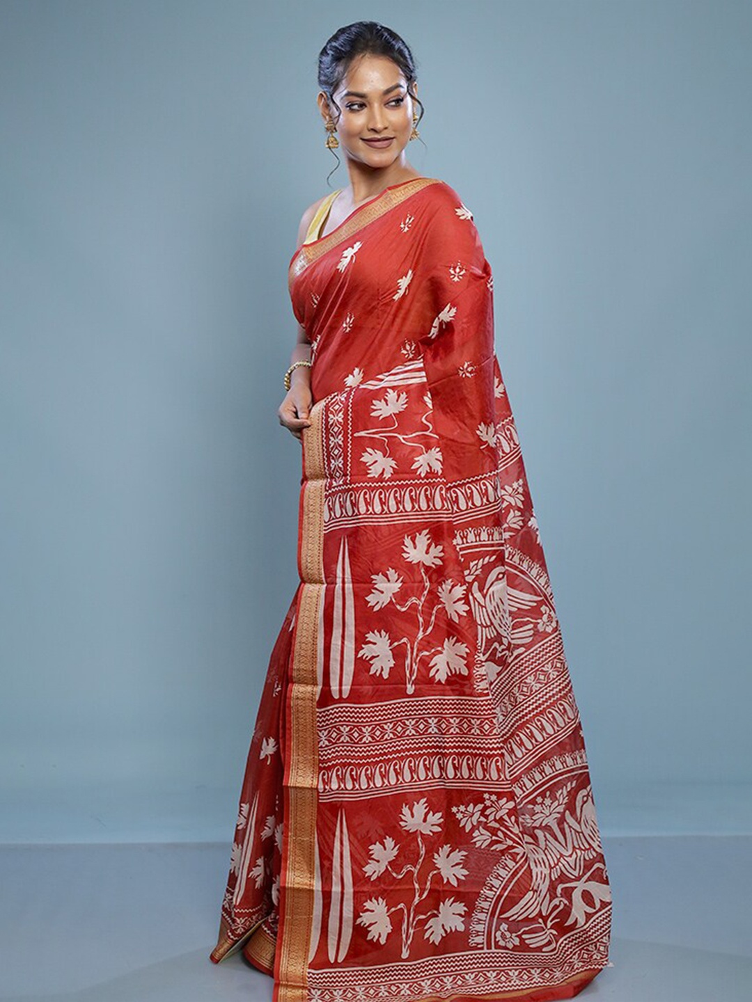 

AllSilks Ethnic Motifs Printed Zari Pure Silk Murshidabad silk Saree, Red