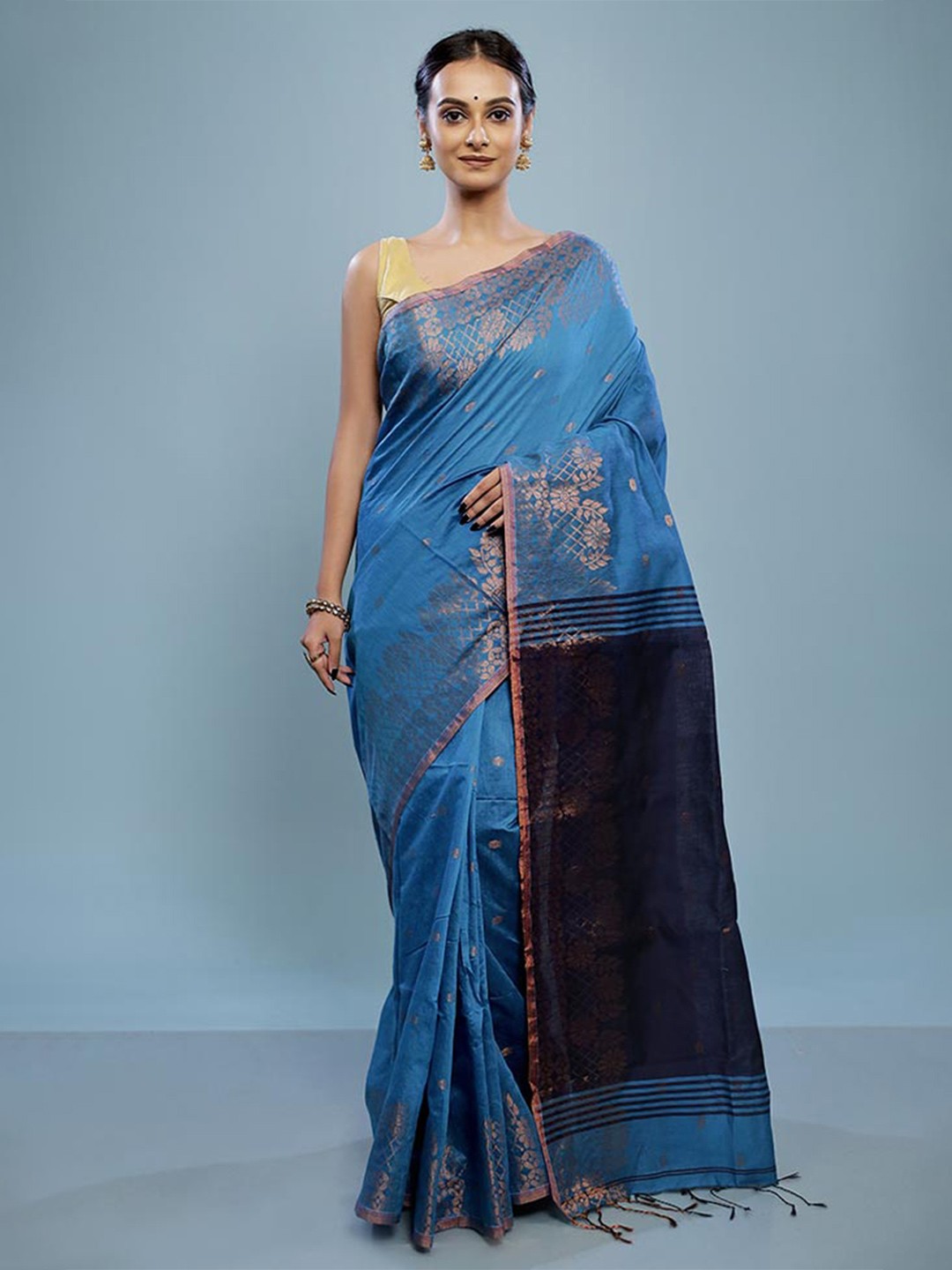 

AllSilks Ethnic Motifs Woven Design Zari Silk Cotton Saree, Blue