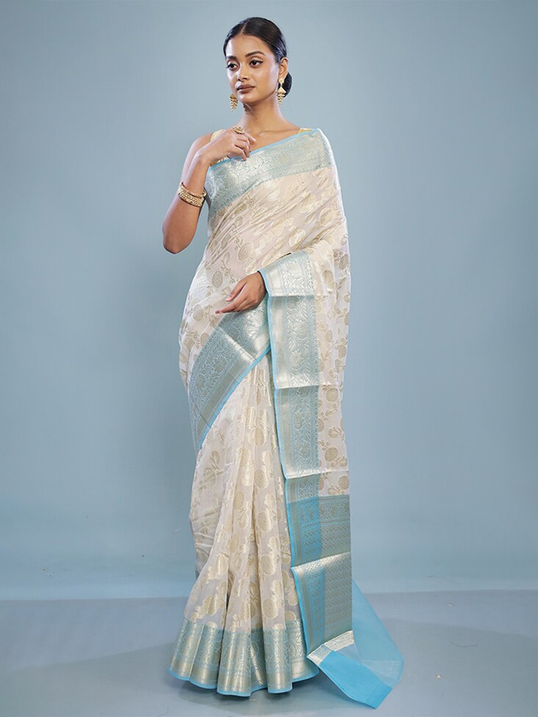 

AllSilks Woven Design Zari Silk Cotton Saree, Cream