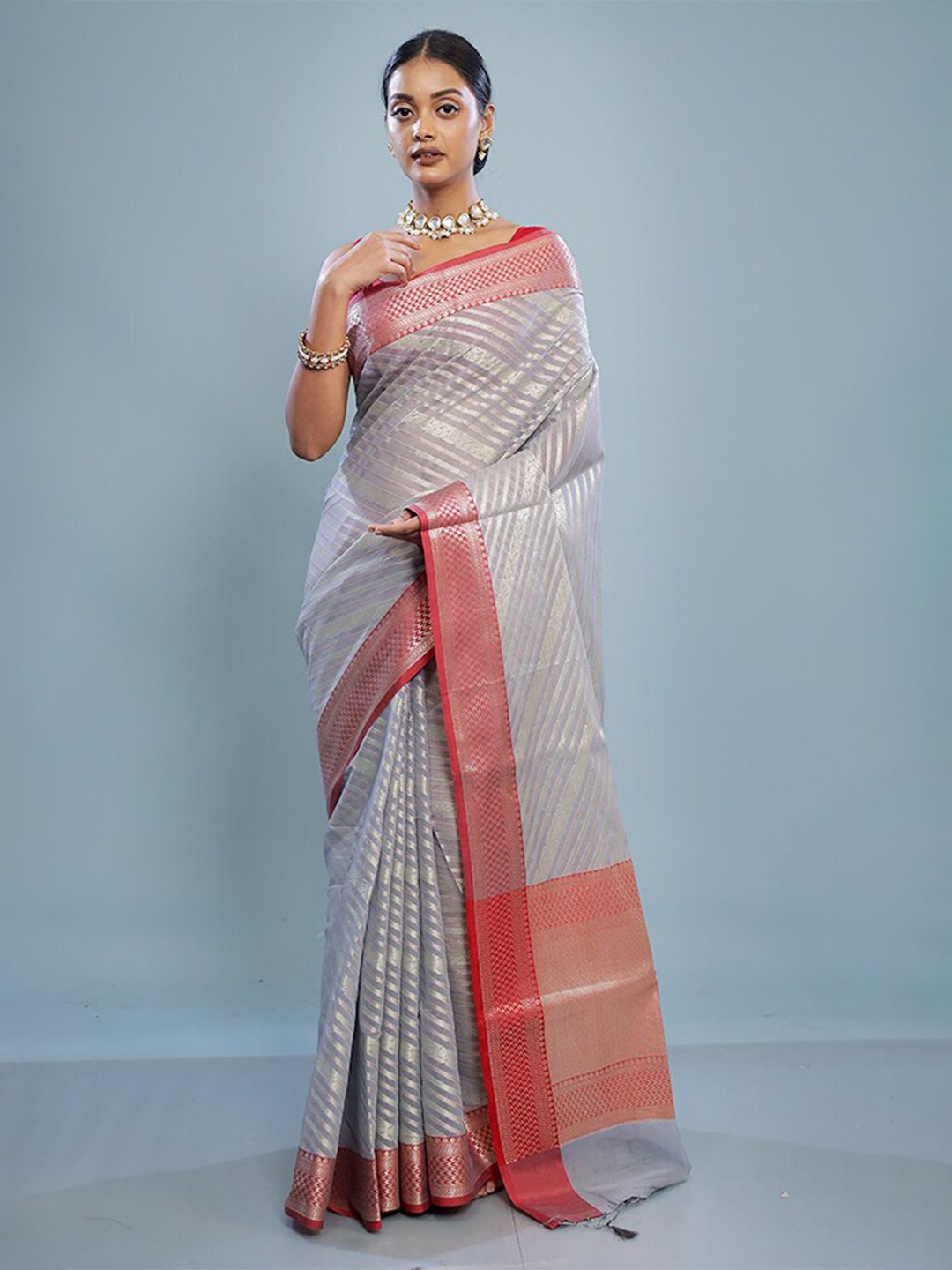 

AllSilks Striped Zari Silk Cotton Saree, Grey