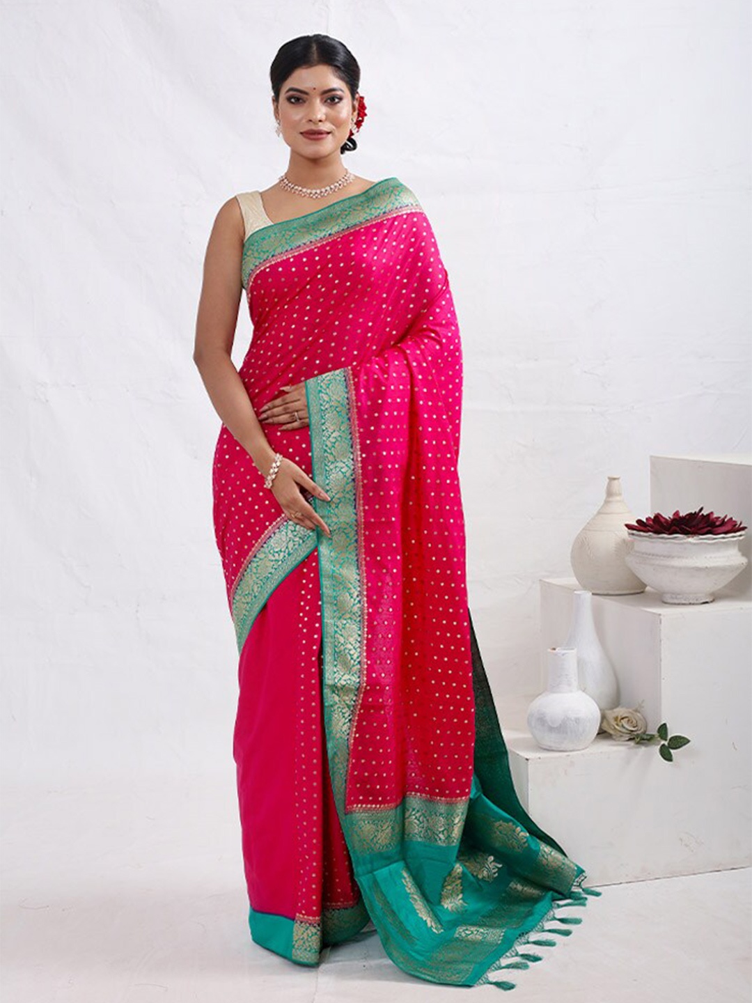 

AllSilks Polka Dot Woven Design Saree, Pink