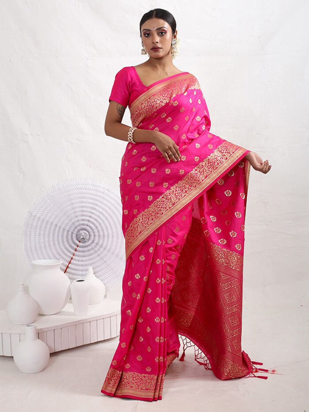 

AllSilks Ethnic Motifs Woven Design Zari Saree, Pink