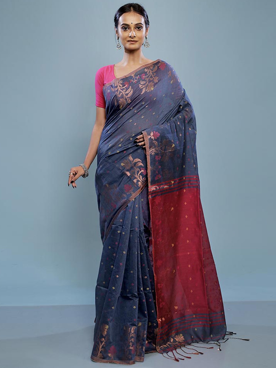 

AllSilks Ethnic Motifs Woven Design Silk Cotton Saree, Grey