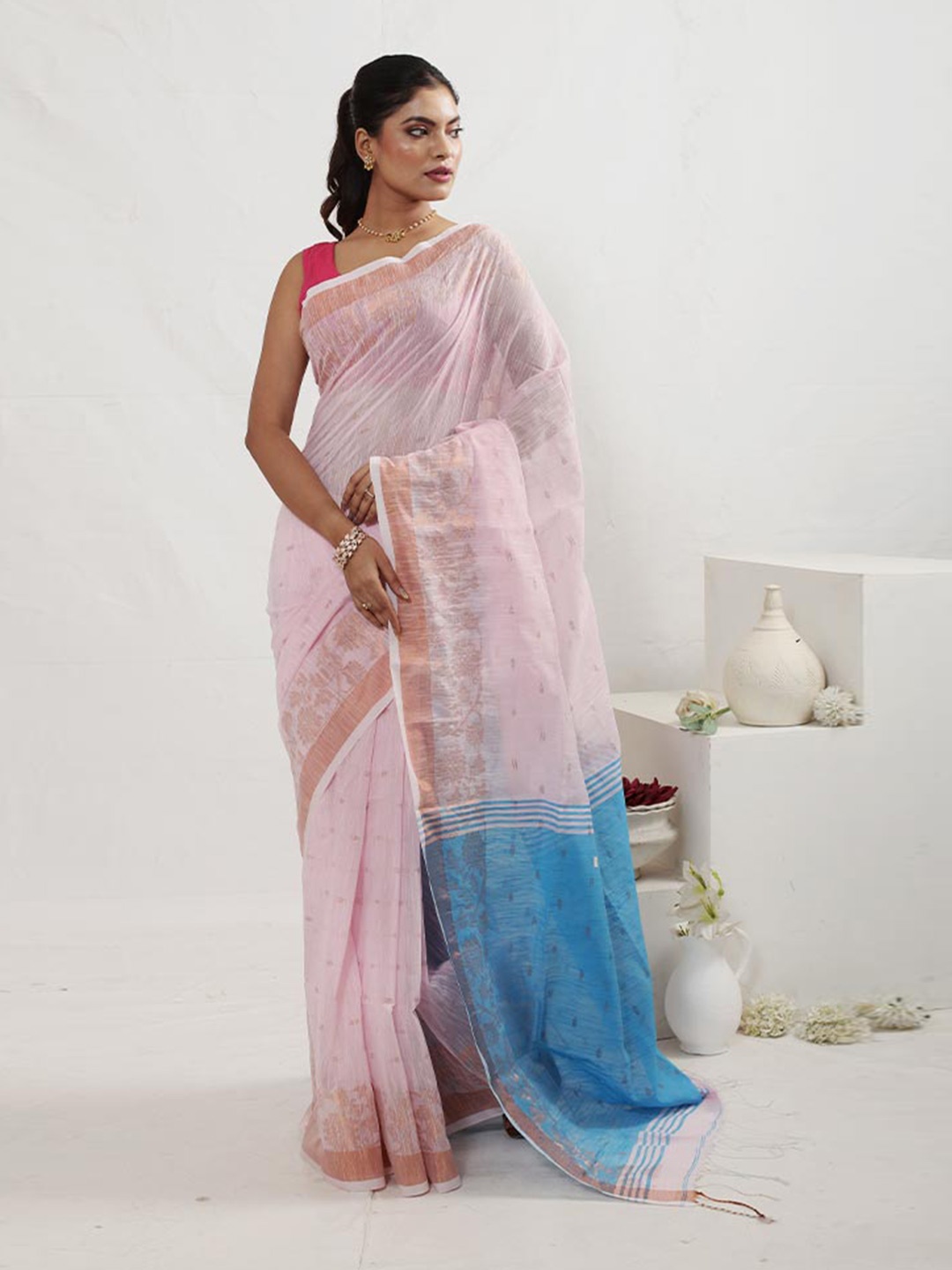 

AllSilks Floral Woven Design Zari Saree, Pink