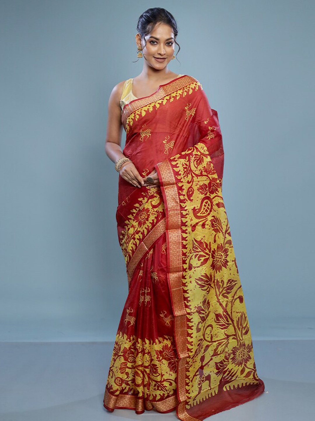 

AllSilks Ethnic Motifs Printed Pure Silk Murshidabad silk Saree, Red