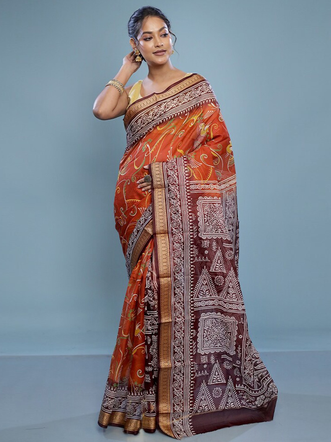 

AllSilks Ethnic Motifs Printed Pure Silk Murshidabad Silk Saree, Orange