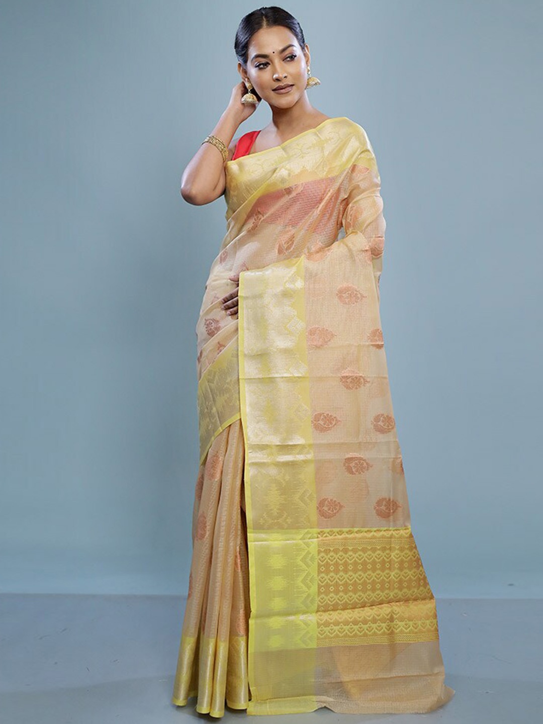 

AllSilks Ethnic Motifs Woven Design Zari Silk Cotton Saree, Cream