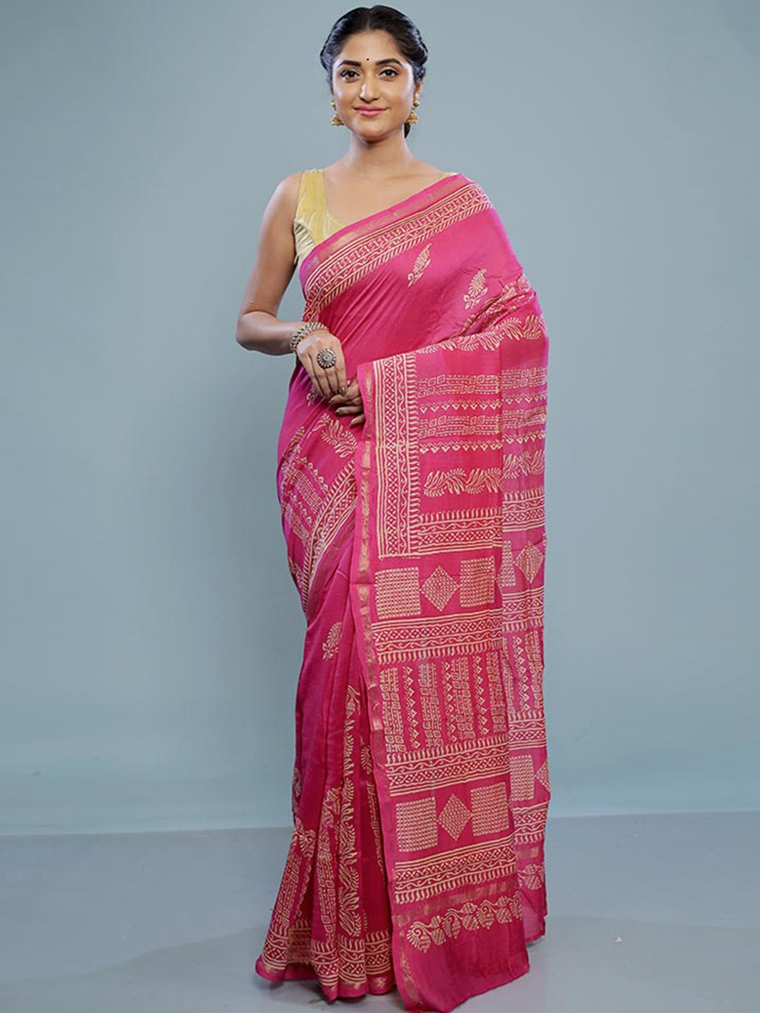 

AllSilks Ethnic Motifs Printed Zari Silk Cotton Chanderi Saree, Pink