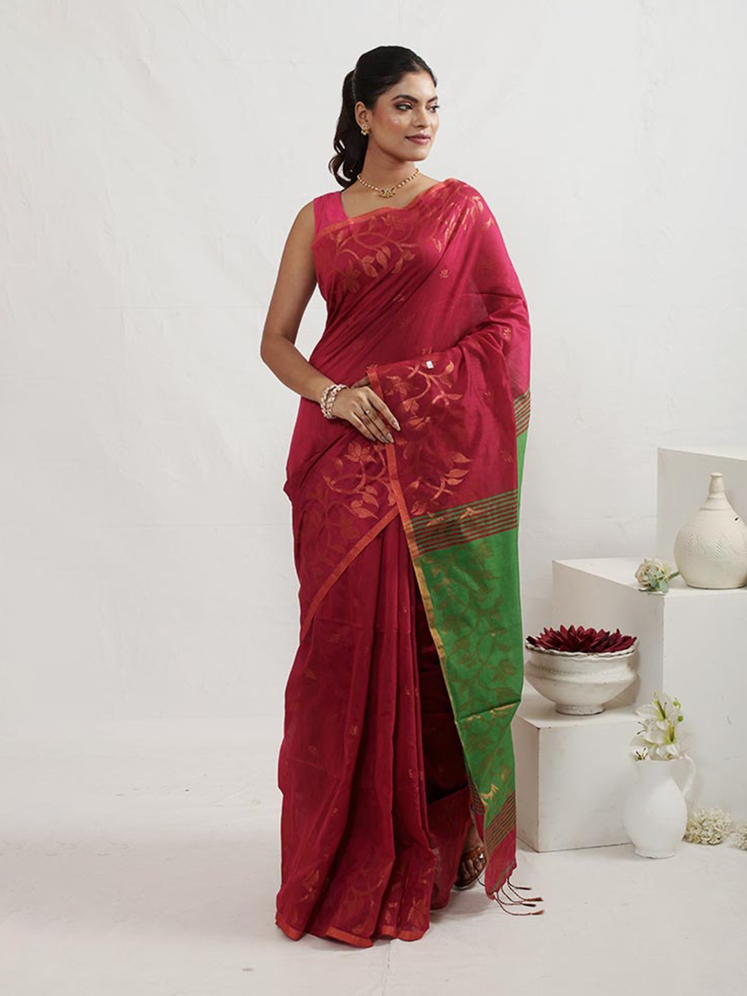 

AllSilks Floral Woven Design Silk Cotton Saree, Pink