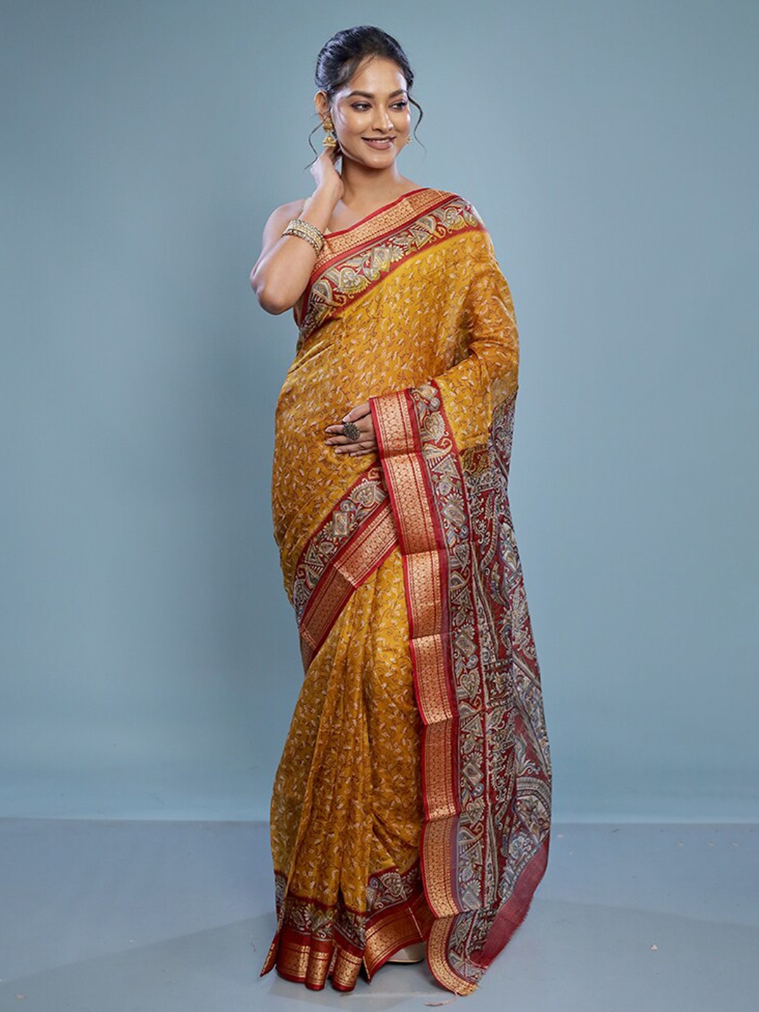 

AllSilks Ethnic Motifs Printed Pure Silk Murshidabad silk Saree, Yellow