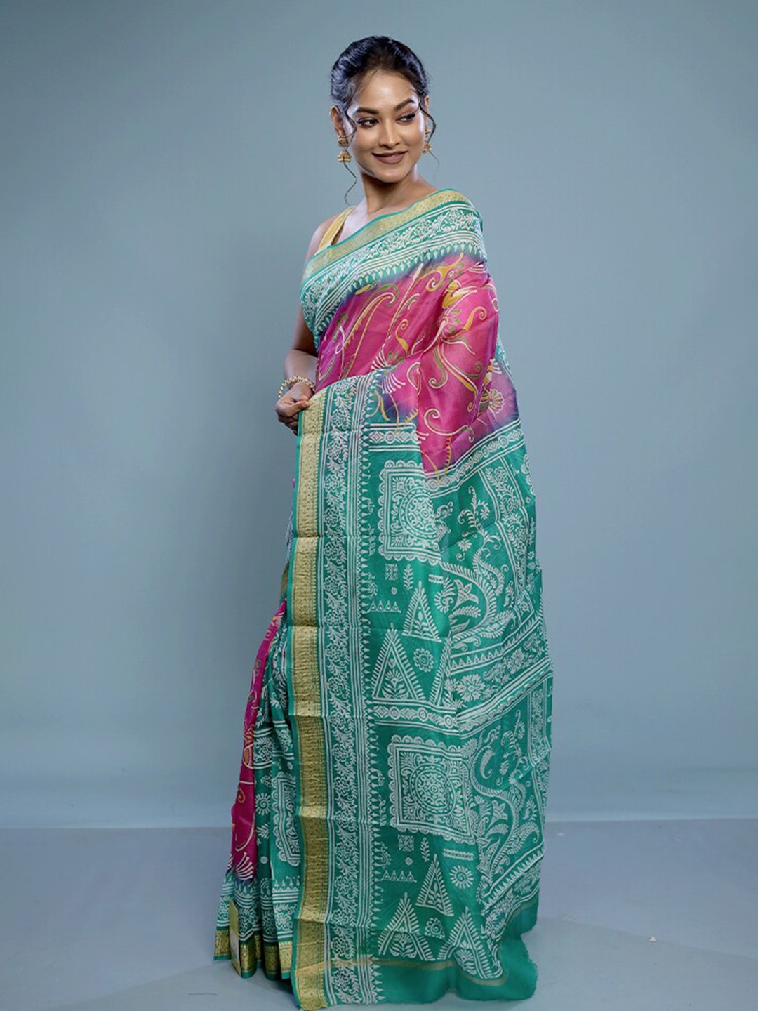 

AllSilks Printed Murshidabad Silk Saree, Pink