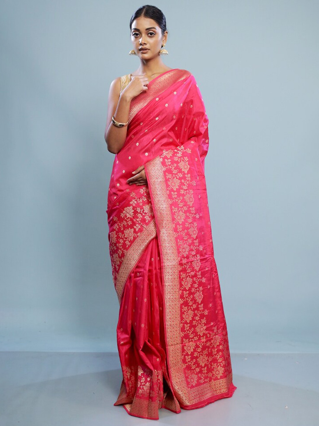 

AllSilks Ethnic Motifs Woven Design Zari Detail Saree, Pink