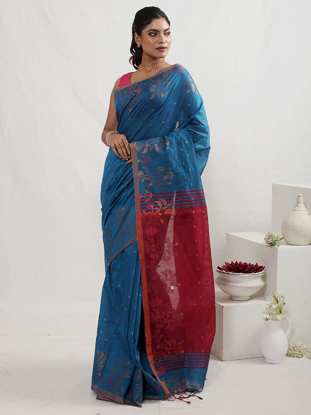 

AllSilks Ethnic Motifs Woven Design Zari Detailed Silk Cotton Saree, Blue