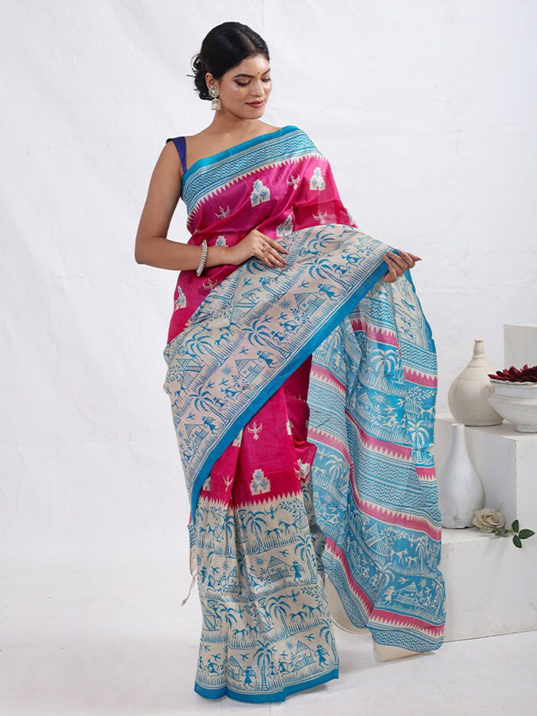 

AllSilks Ethnic Motifs Printed Pure Silk Murshidabad Silk Saree, Pink