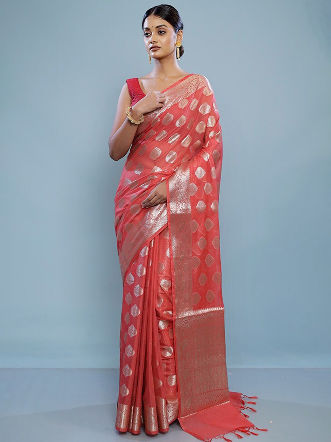 

AllSilks Ethnic Motifs Woven Design Zari Saree, Coral