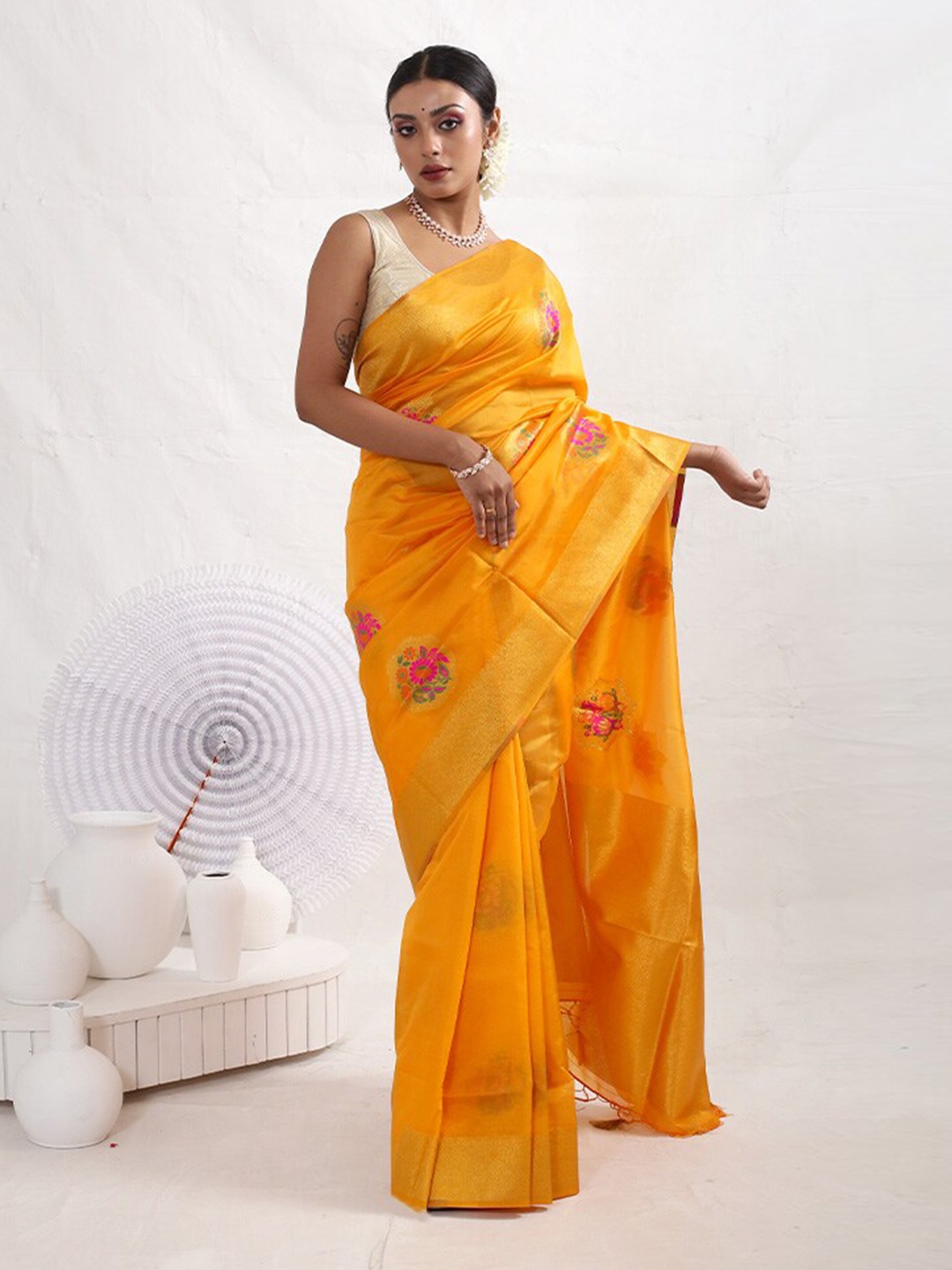 

AllSilks Floral Woven Design Silk Blend Saree, Yellow