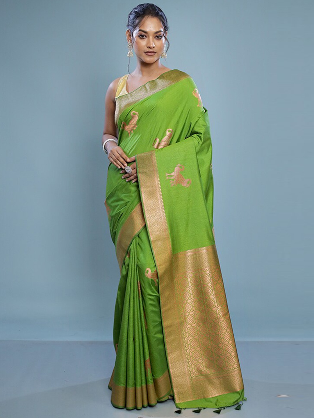 

AllSilks Ethnic Motifs Woven Design Zari Saree, Green