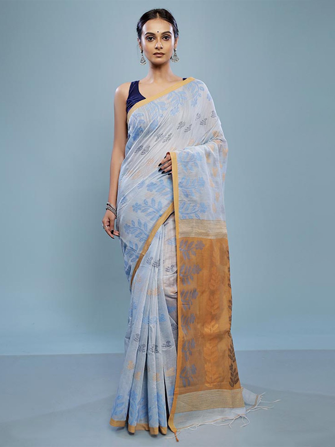 

AllSilks Floral Woven Design Zari Silk Cotton Saree, White