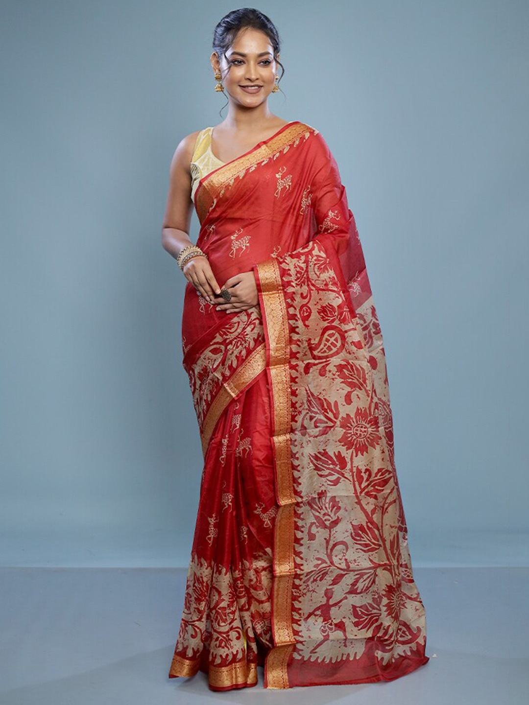 

AllSilks Ethnic Motifs Printed Murshidabad Silk Pure Silk Saree, Red