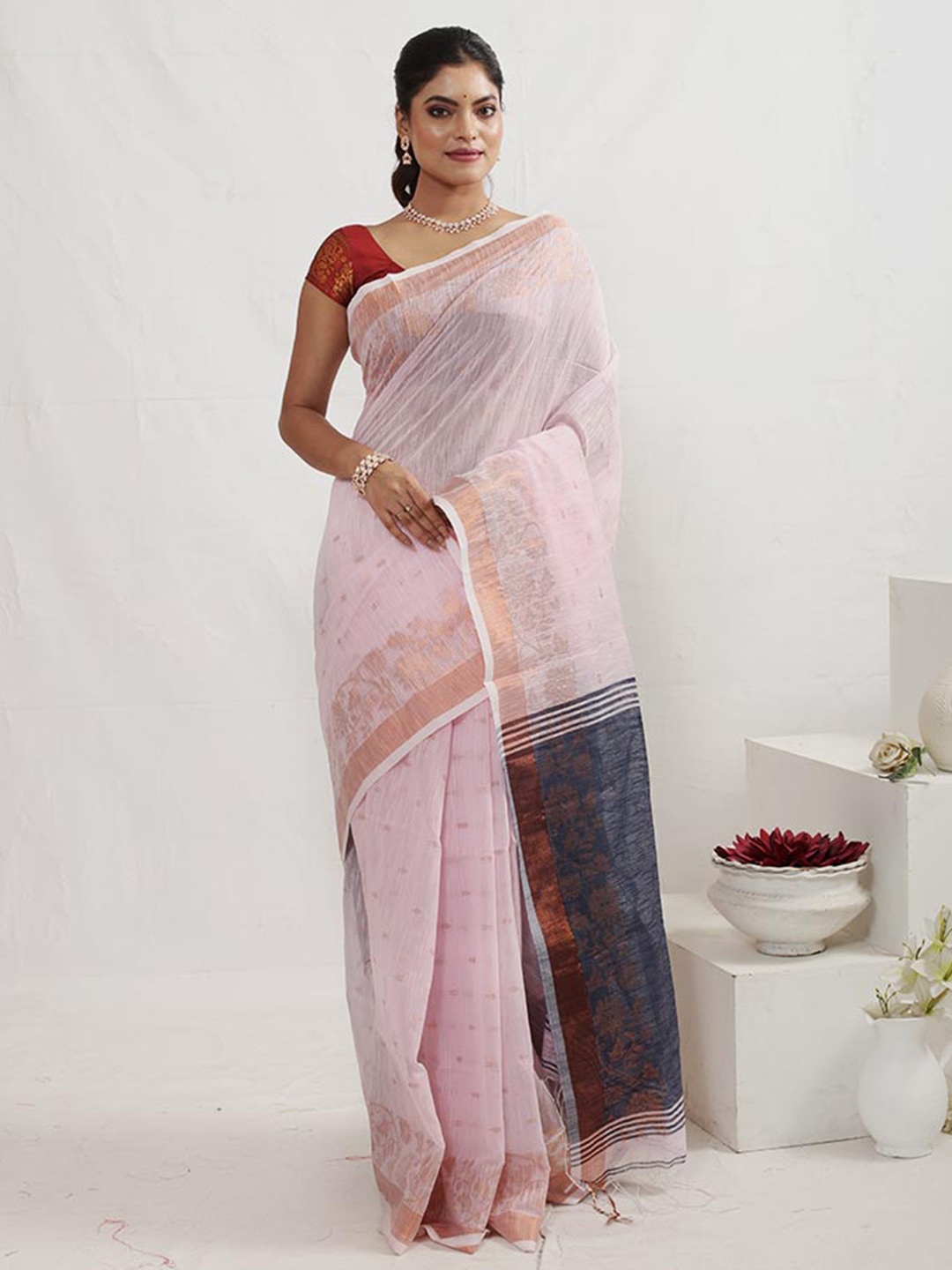 

AllSilks Ethnic Motifs Woven Design Zari Silk Cotton Saree, Pink
