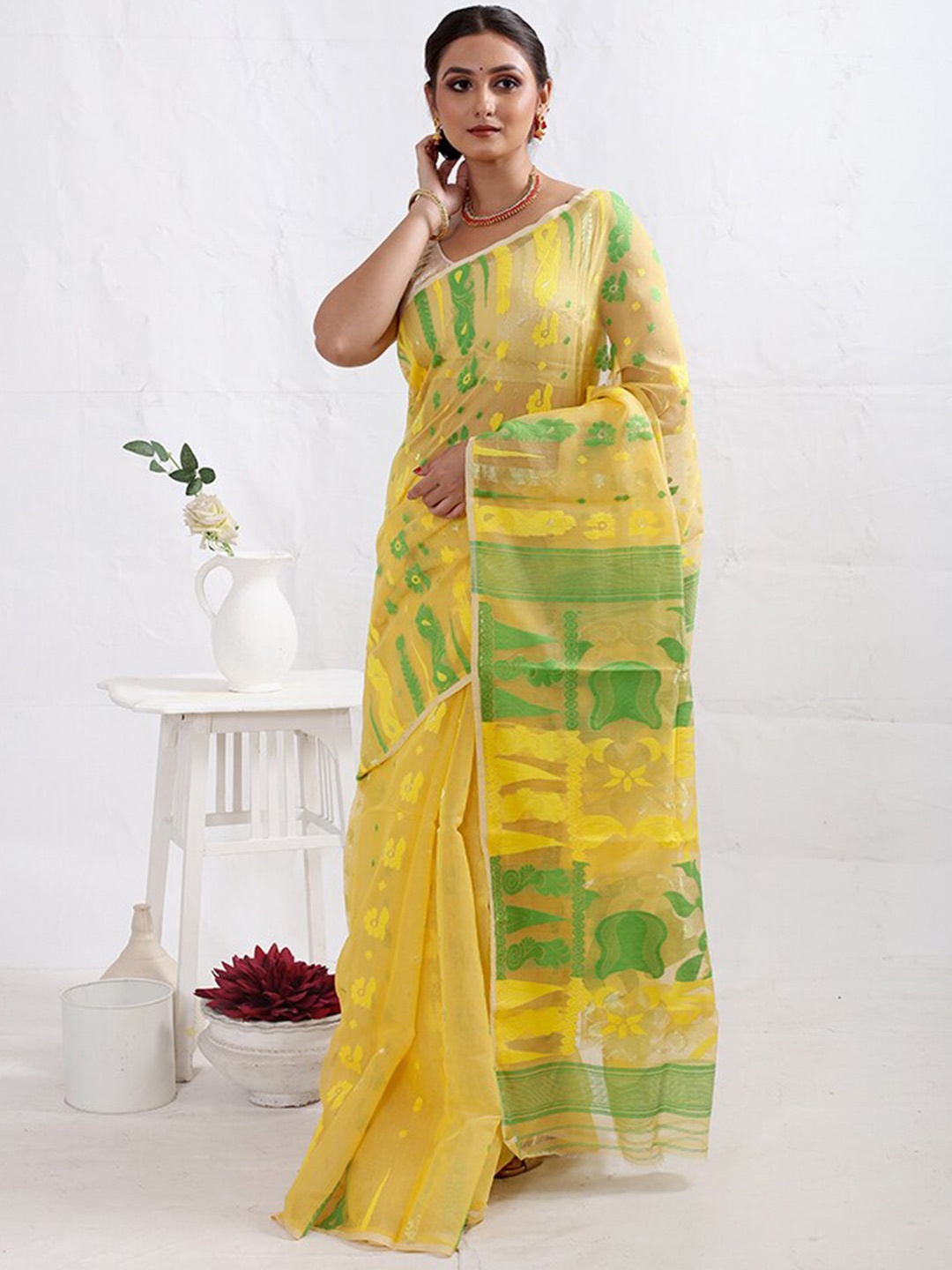 

AllSilks Ethnic Motifs Woven Design Pure Cotton Taant Saree, Yellow