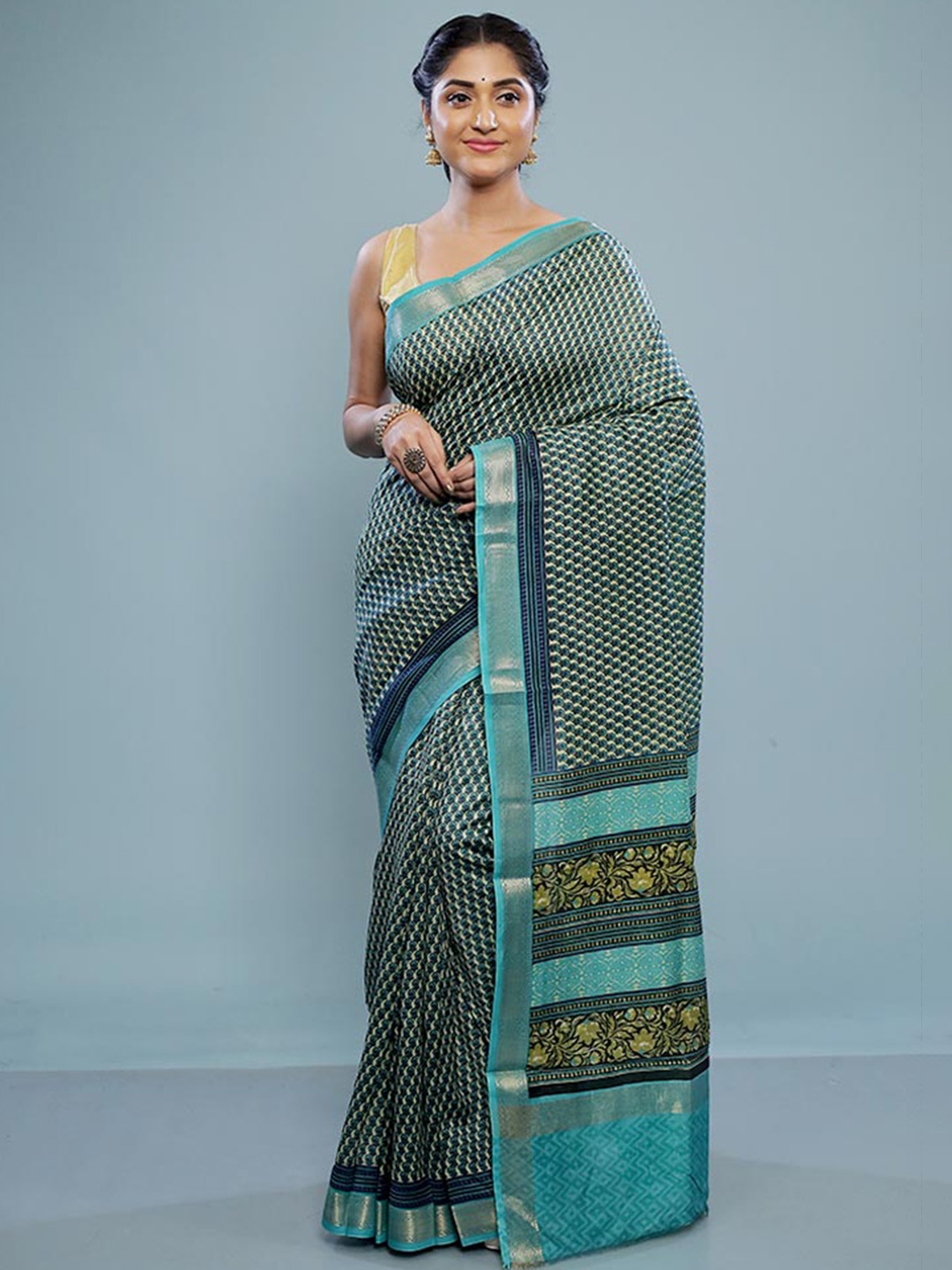 

AllSilks Floral Printed Zari Silk Cotton Chanderi Saree, Blue