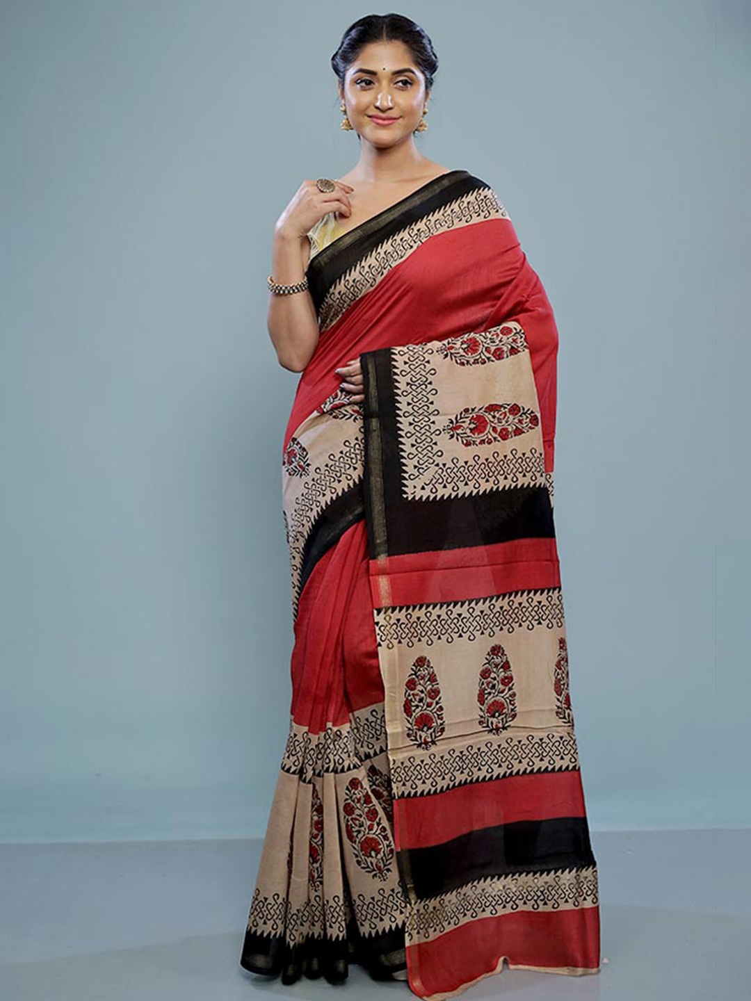 

AllSilks Ethnic Motifs Printed Zari Chanderi Saree, Red