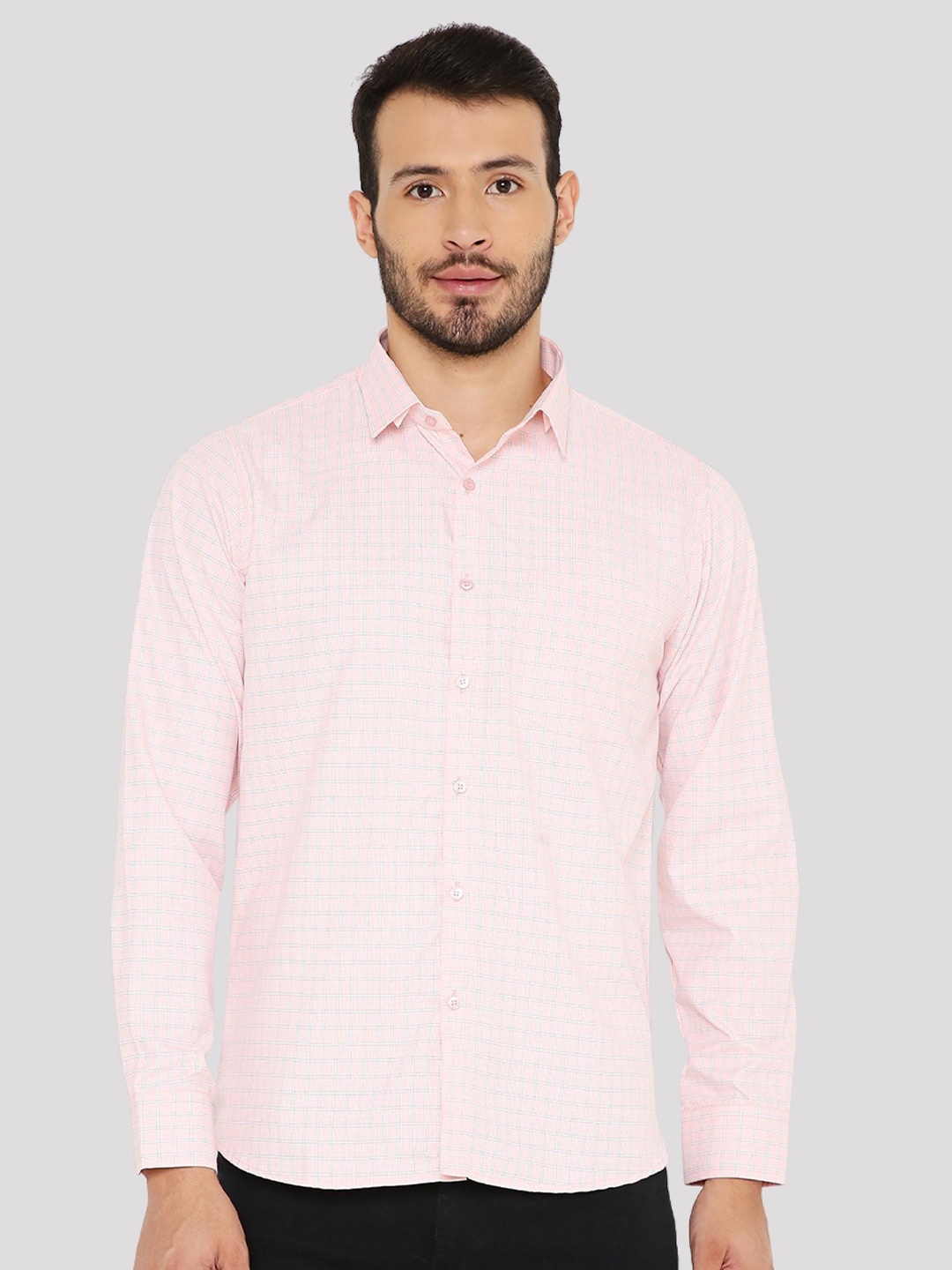 

Maharaja India Slim Fit Grid Tattersall Checks Spread Collar Long Sleeves Casual Shirt, Peach