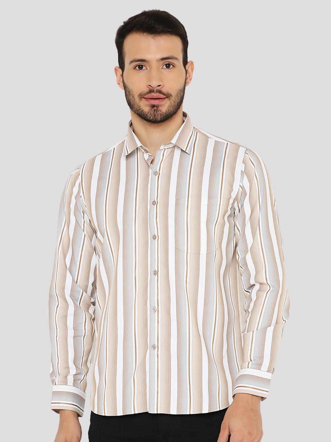 

Maharaja India Slim Fit Vertical Stripes Spread Collar Long Sleeves Casual Shirt, Brown