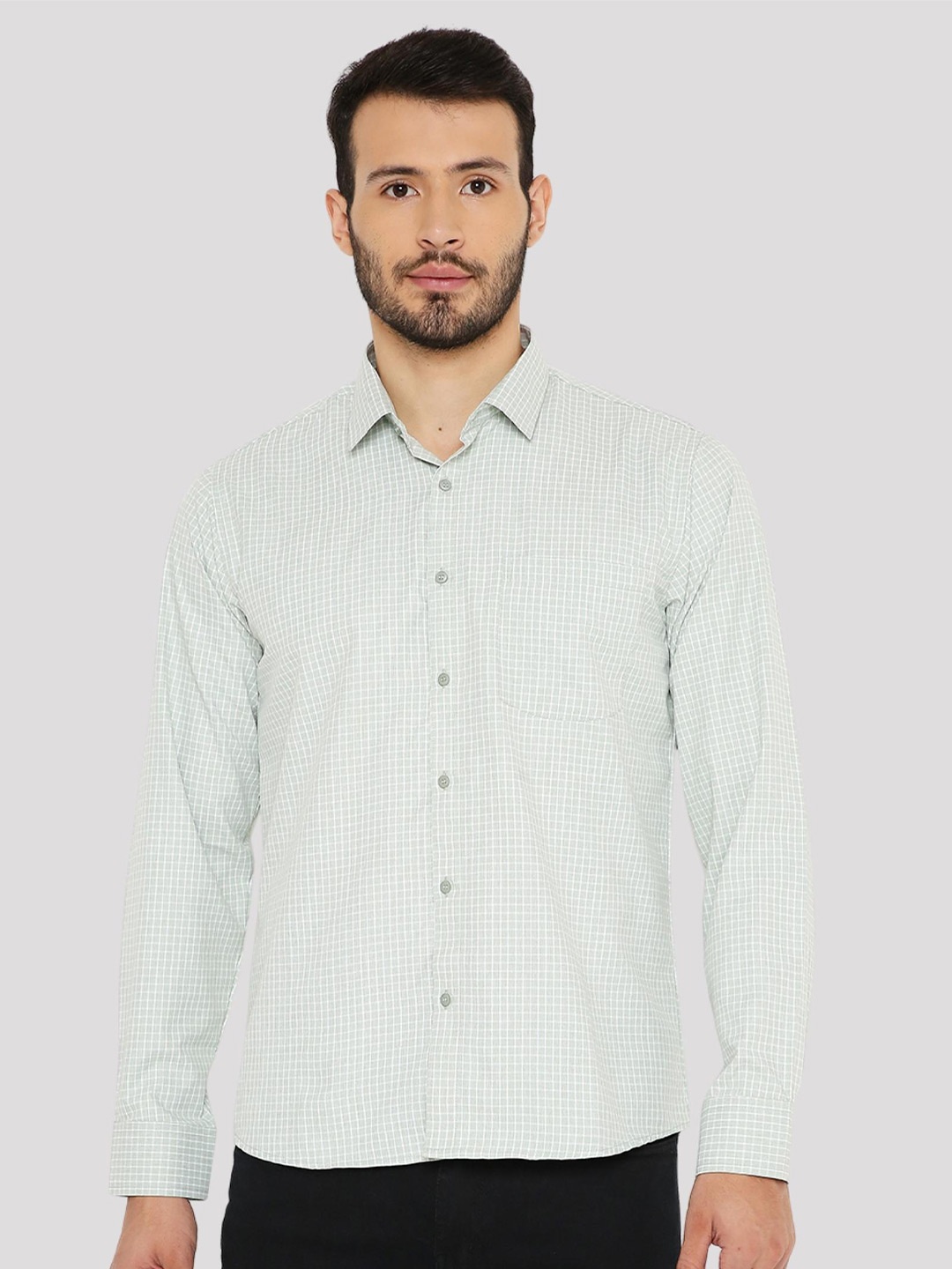 

Maharaja India Slim Fit Grid Tattersall Checks Spread Collar Long Sleeves Casual Shirt, Green