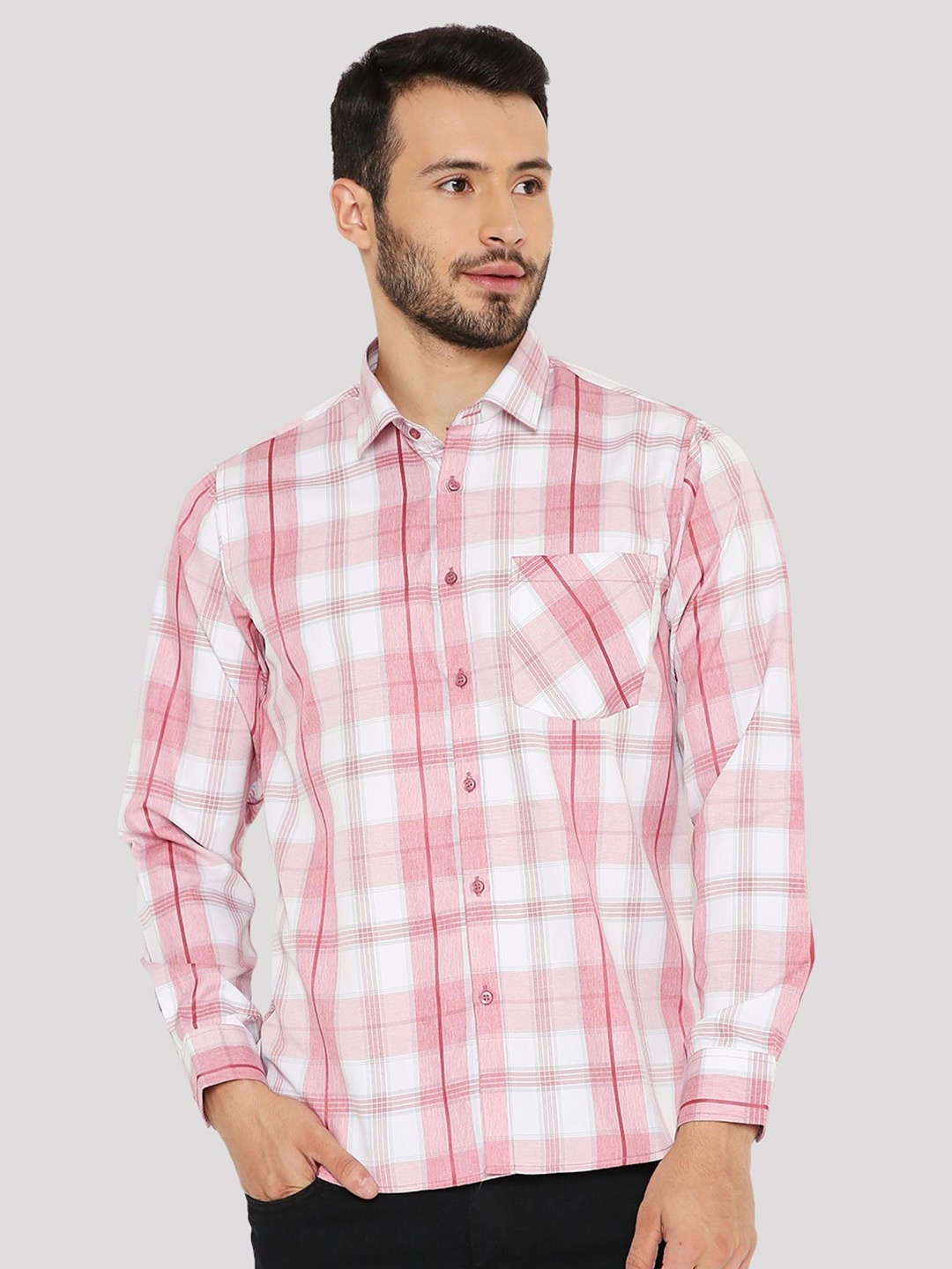 

Maharaja India Slim Fit Tartan Checks Spread Collar Long Sleeves Casual Shirt, Pink