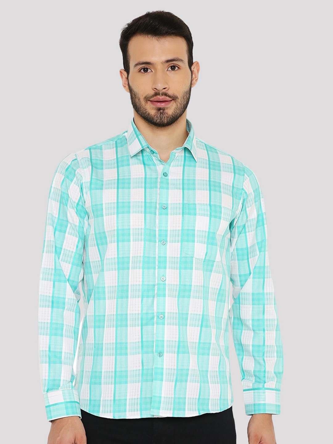 

Maharaja India Slim Fit Gingham Checks Spread Collar Long Sleeves Casual Shirt, Green