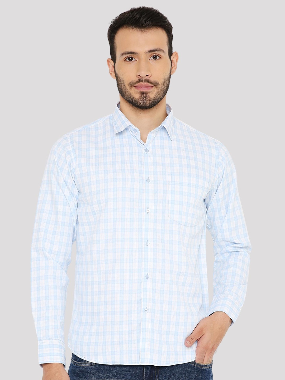 

Maharaja India Slim Fit Checked Spread Collar Long Sleeves Casual Shirt, Blue