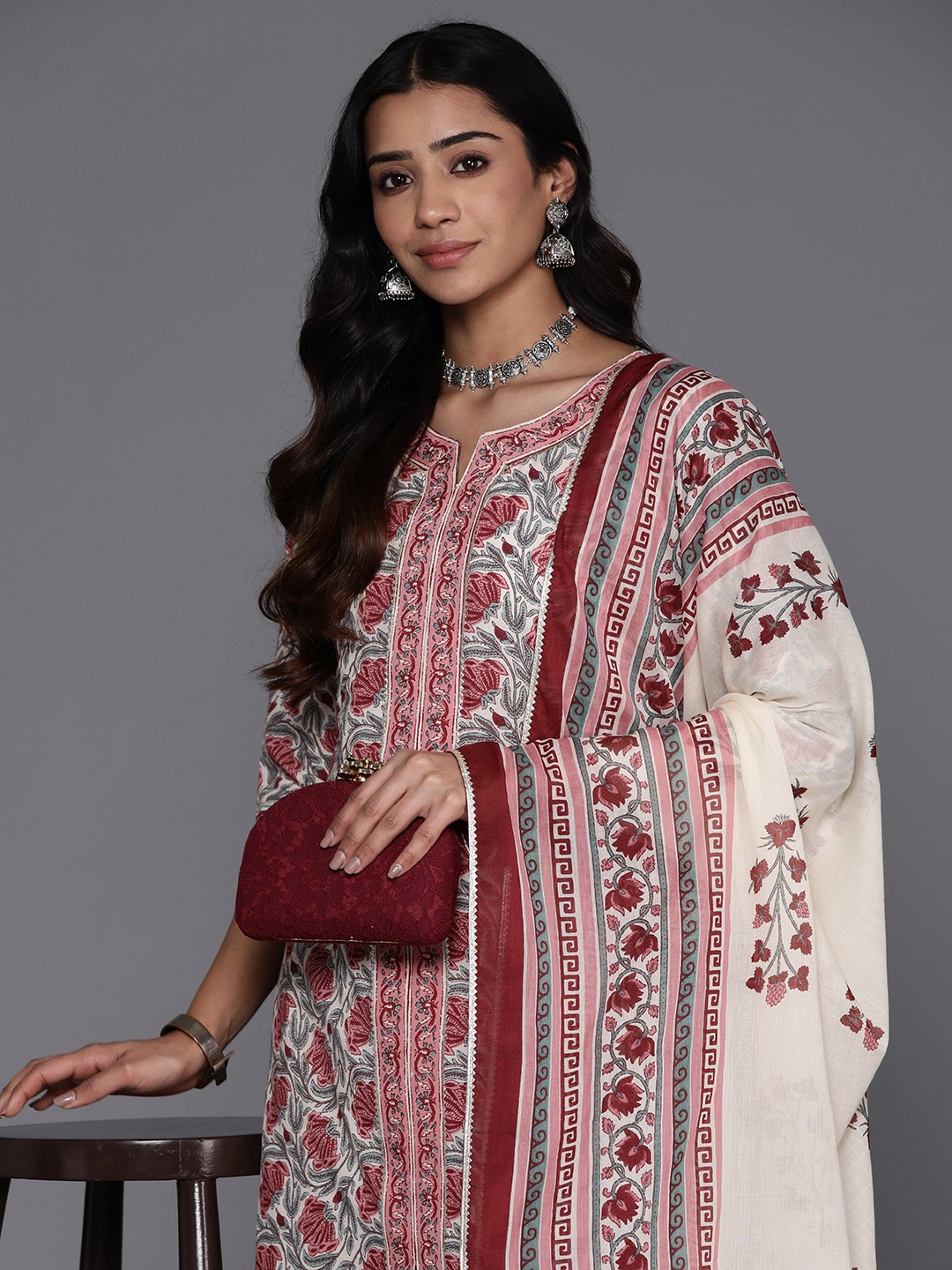 

Libas Women Floral Printed Regular Gotta Patti Pure Cotton Kurta with Salwar & Dupatta, Grey