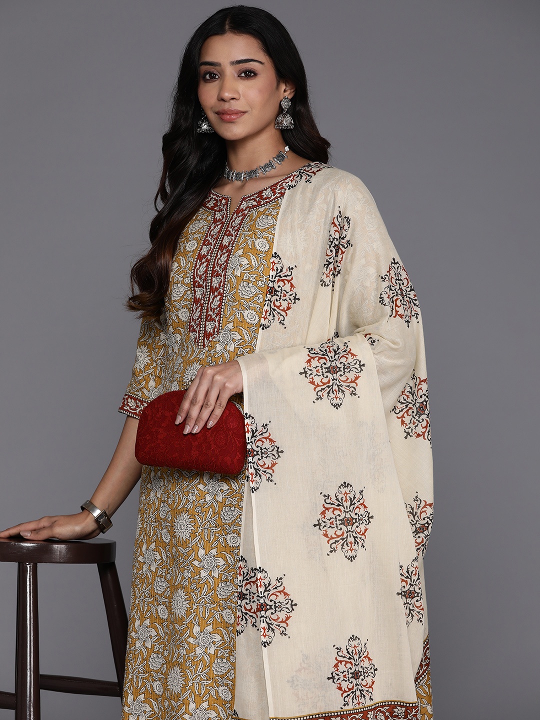 

Libas Women Floral Printed Regular Pure Cotton Kurta with Salwar & Dupatta, Mustard