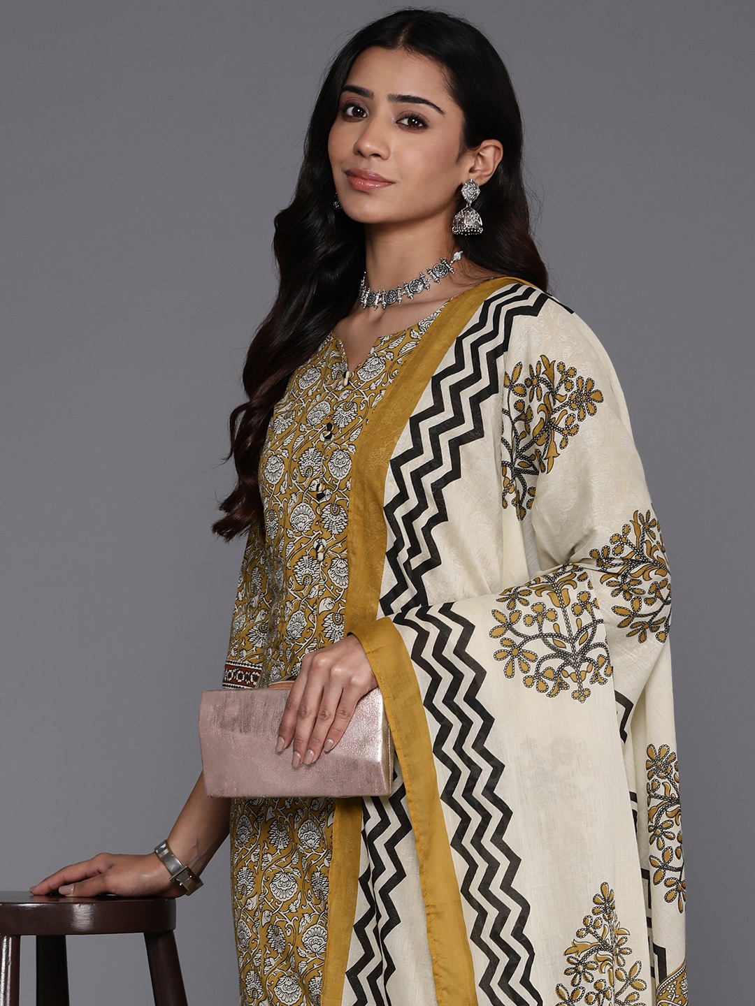 

Libas Women Floral Printed Regular Pure Cotton Kurta with Palazzos & With Dupatta, Mustard