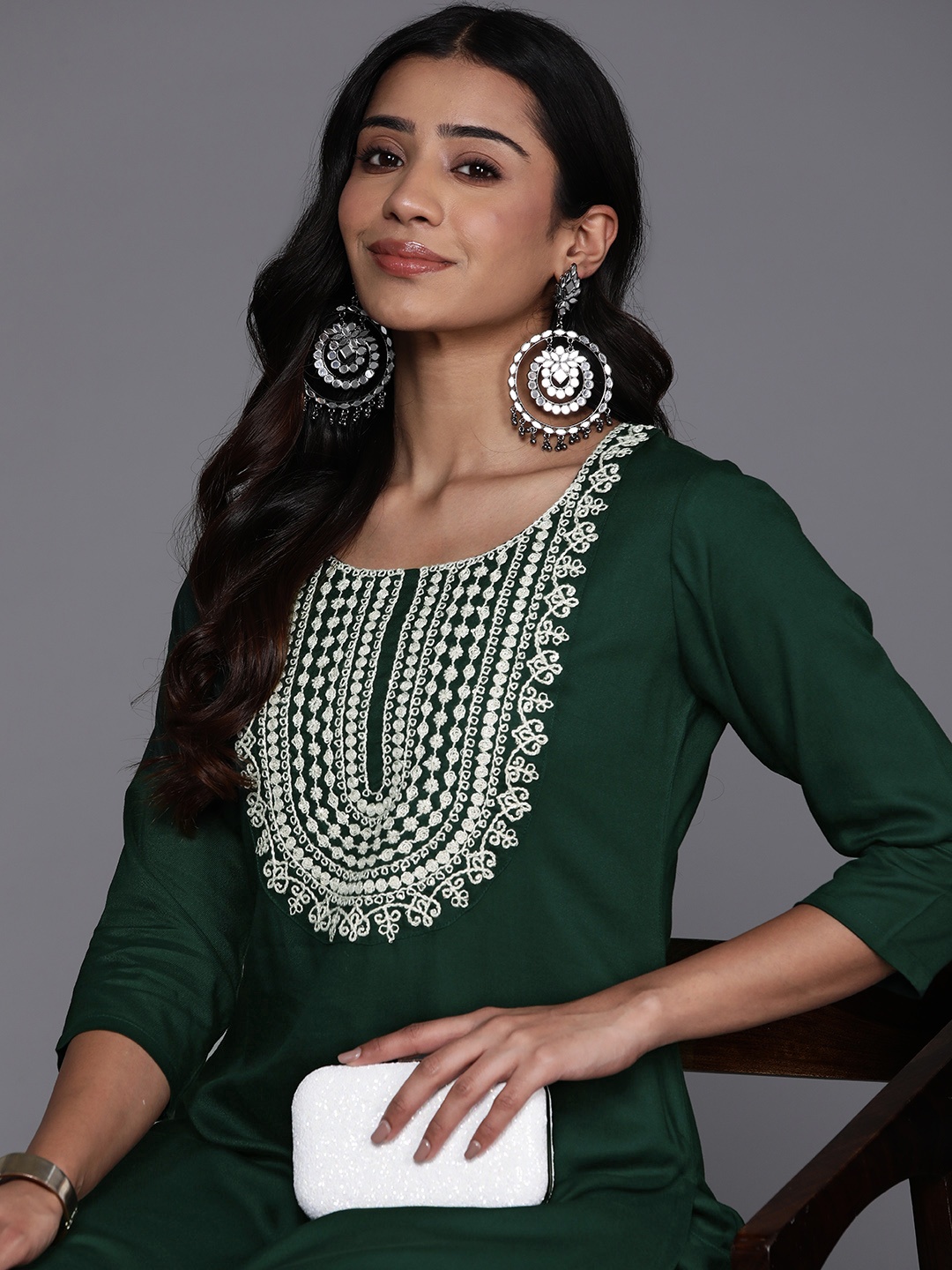 

Libas Women Floral Yoke Design Regular Thread Work Kurta with Trousers, Green