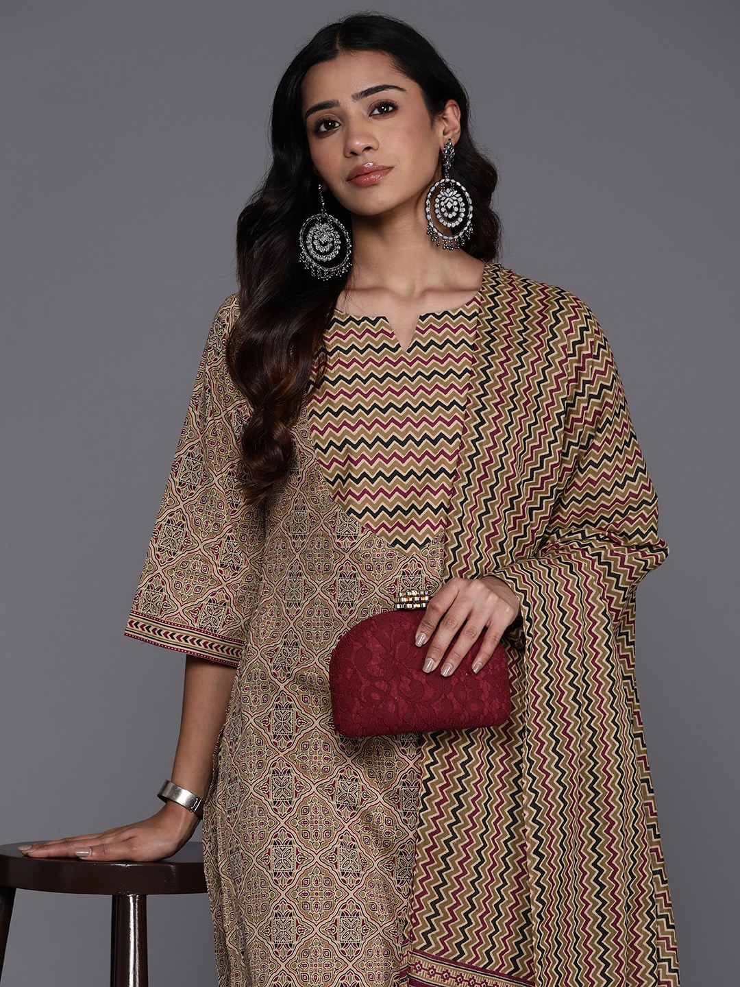 

Libas Women Ethnic Motifs Printed Regular Pure Cotton Kurta with Palazzos & Dupatta, Olive