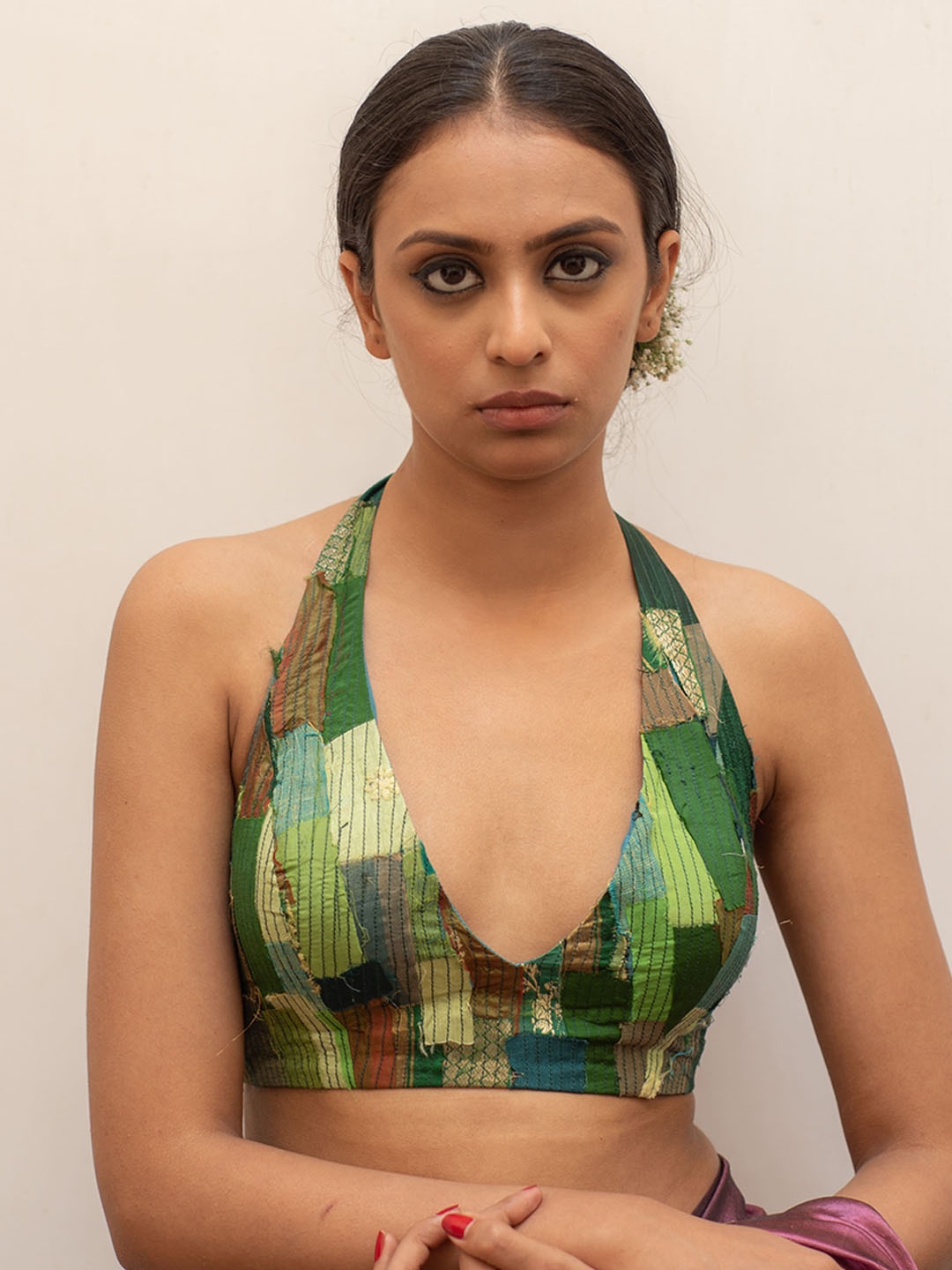 

PriyankaRaajiv Patch Work Halter Neck Silk Saree Blouse, Green
