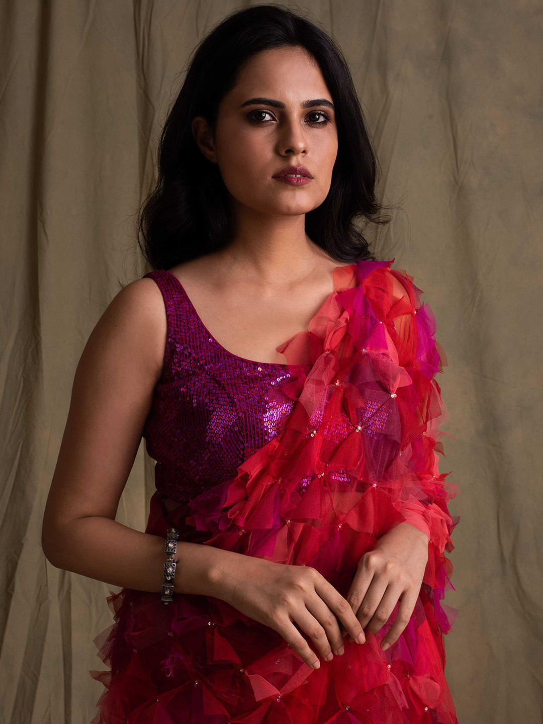 

PriyankaRaajiv Embellished Square Neck Sequinned Silk Saree Blouse, Pink