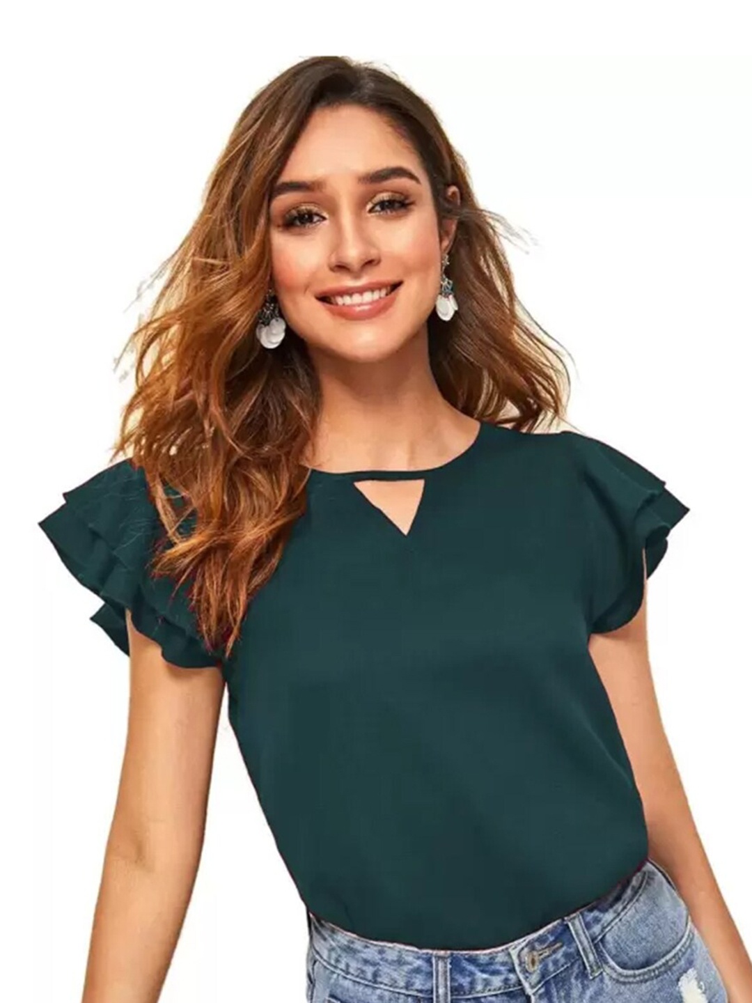 

BAESD Keyhole Neck Flared Sleeves Regular Top, Teal