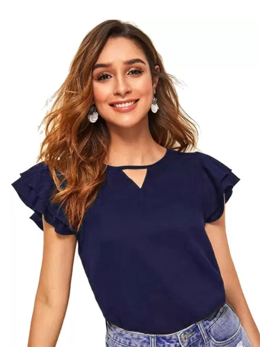 

BAESD Keyhole Neck Flared Sleeves Regular Top, Navy blue