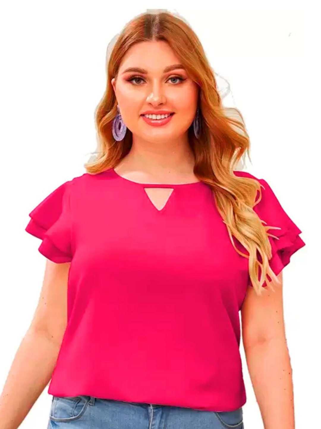 

BAESD Keyhole Neck Flared Sleeves Regular Top, Pink