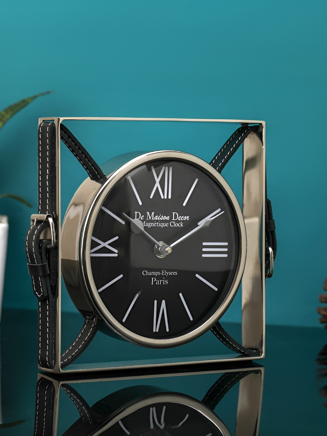 Decor de Maison Silver Toned & Black Printed Round Contemporary Table Clock