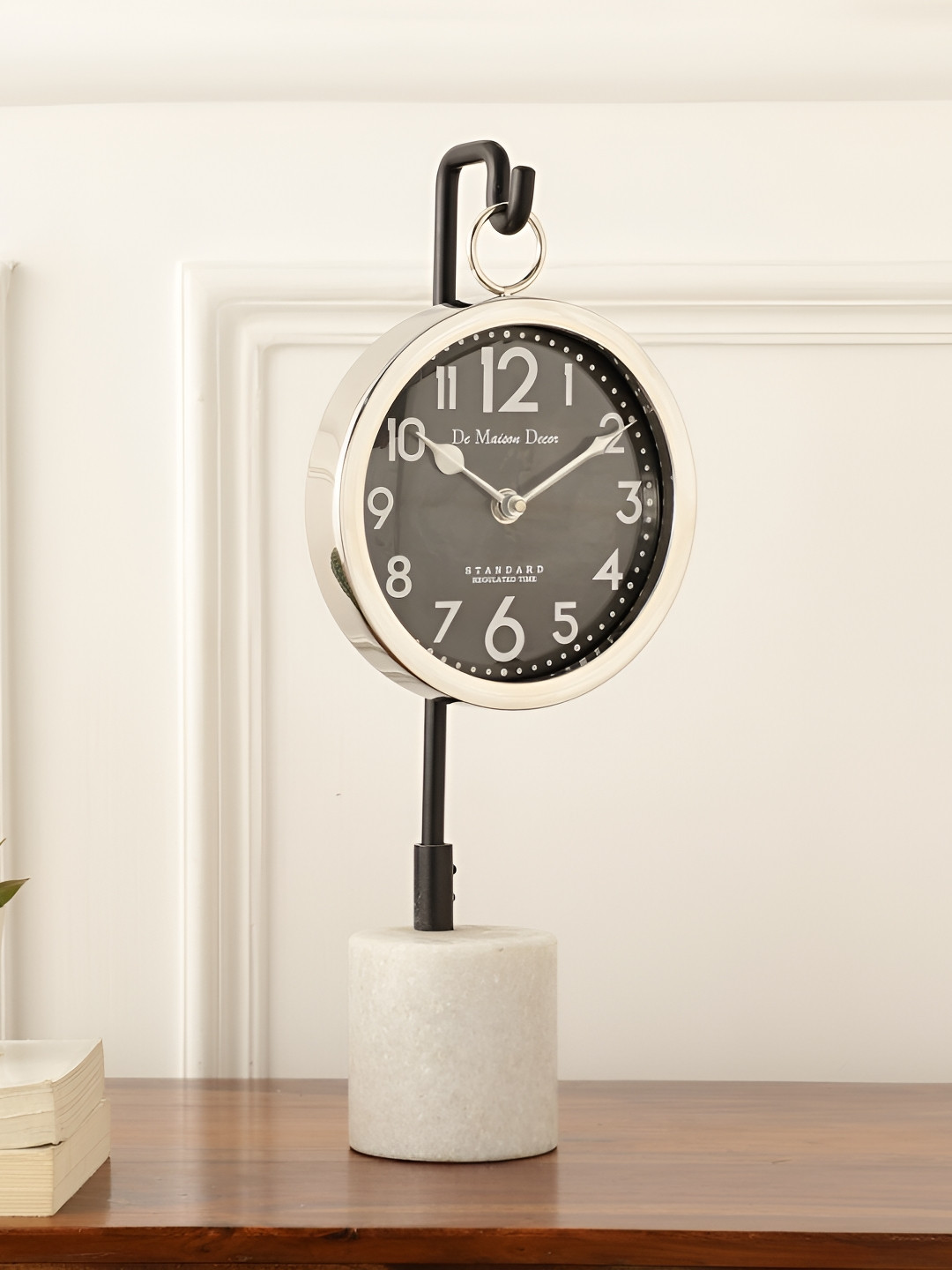 

Decor de Maison Silver Toned & Black Printed Round Contemporary Table Clock