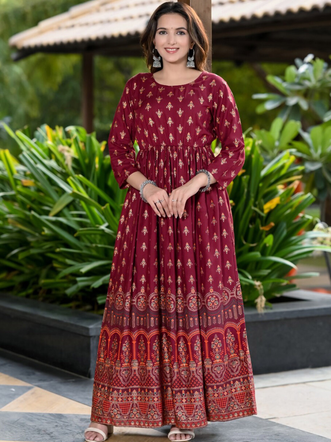 

KALINI Ethnic Motifs Printed Fit And Flare Maxi Ethnic Dress, Maroon