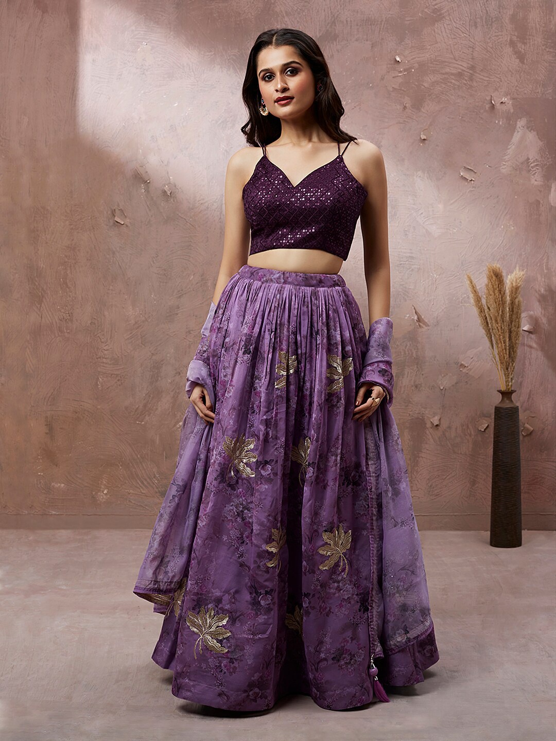 

MANOHARI Embroidered Sequinned Semi-Stitched Lehenga & Unstitched Blouse With Dupatta, Lavender