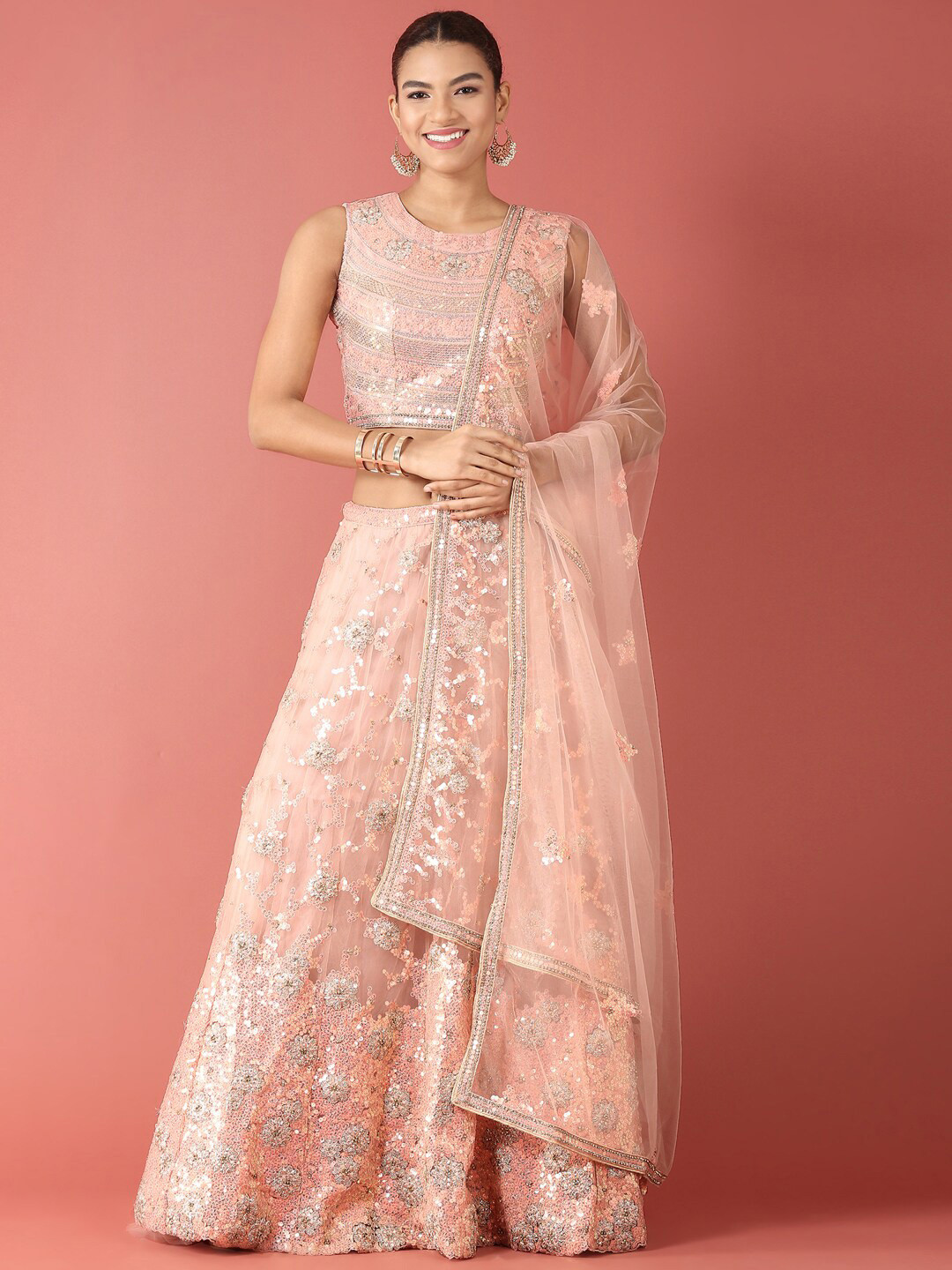 

MANOHARI Embellished Semi-Stitched Lehenga & Unstitched Blouse With Dupatta, Peach