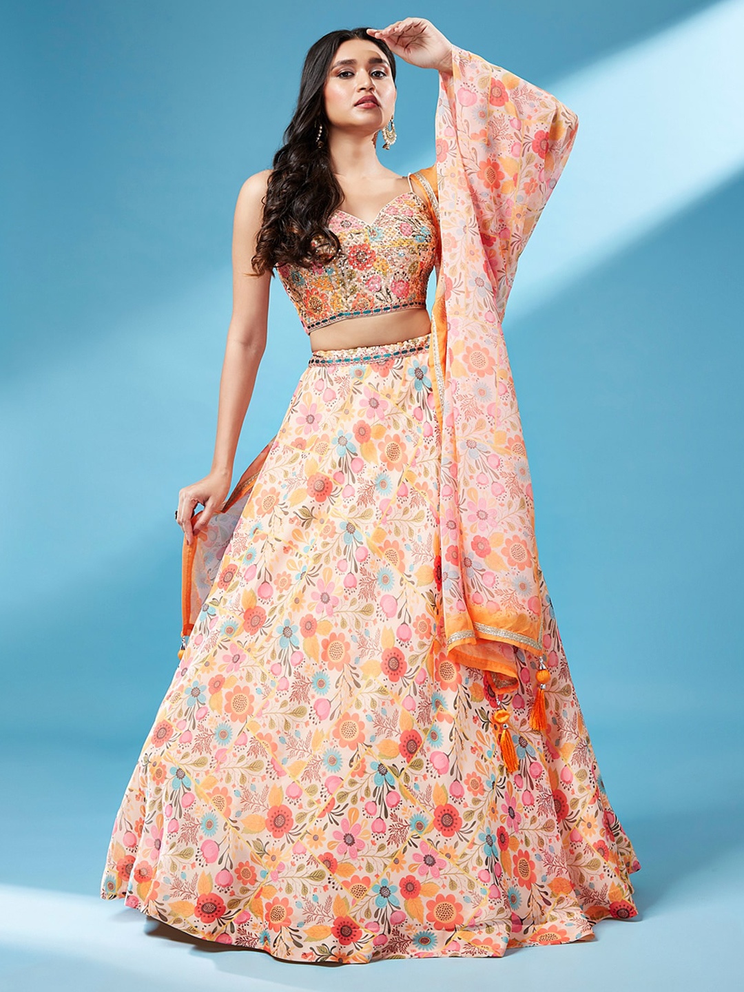 

MANOHARI Floral Printed Sequinned Semi-Stitched Lehenga & Unstitched Blouse With Dupatta, Orange