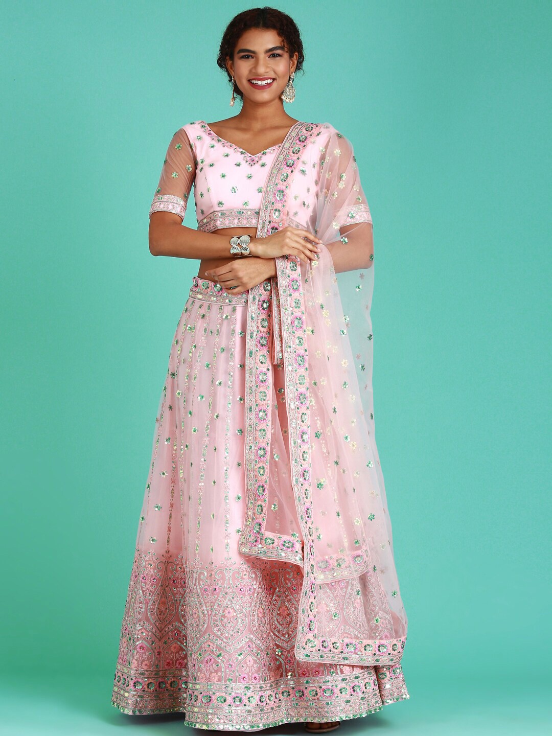 

MANOHARI Embellished Semi-Stitched Lehenga & Unstitched Blouse With Dupatta, Pink